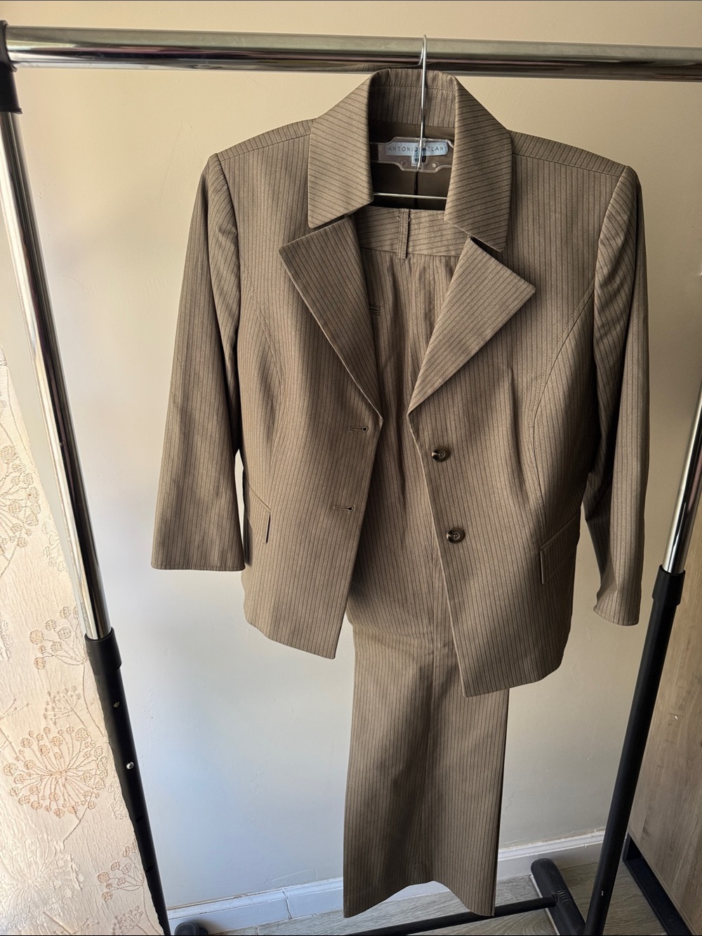 ANTONIO MELANI Taupe Pinstripe Women's Suit - Blazer & Pants